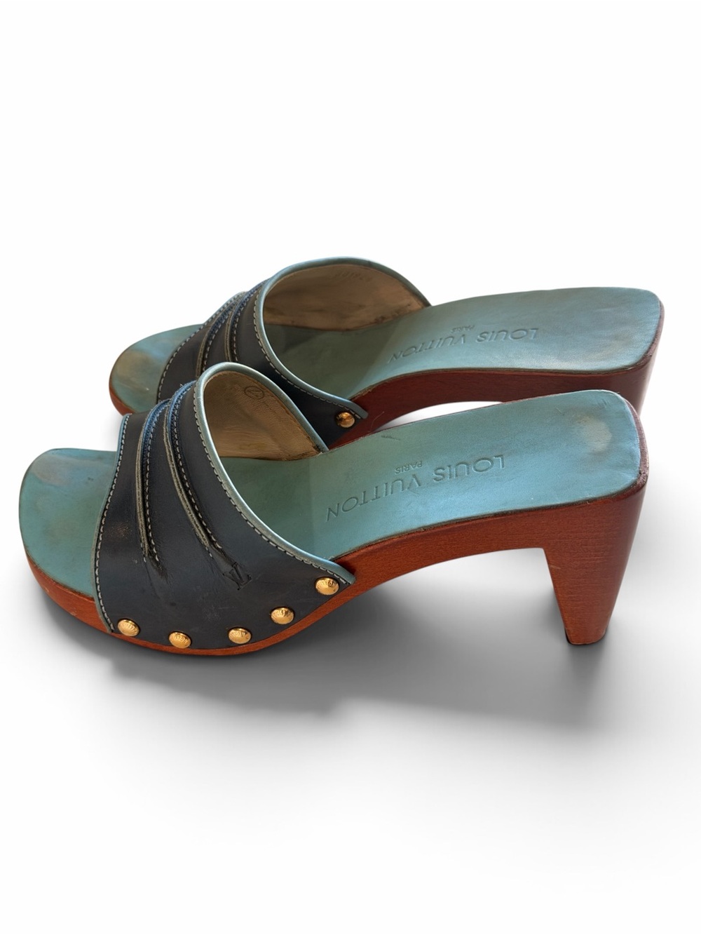 Louis Vuitton Vintage 1999 Studded Wooden Mules Clogs Teal Aqua 36 Y2K - Picture 7 of 9